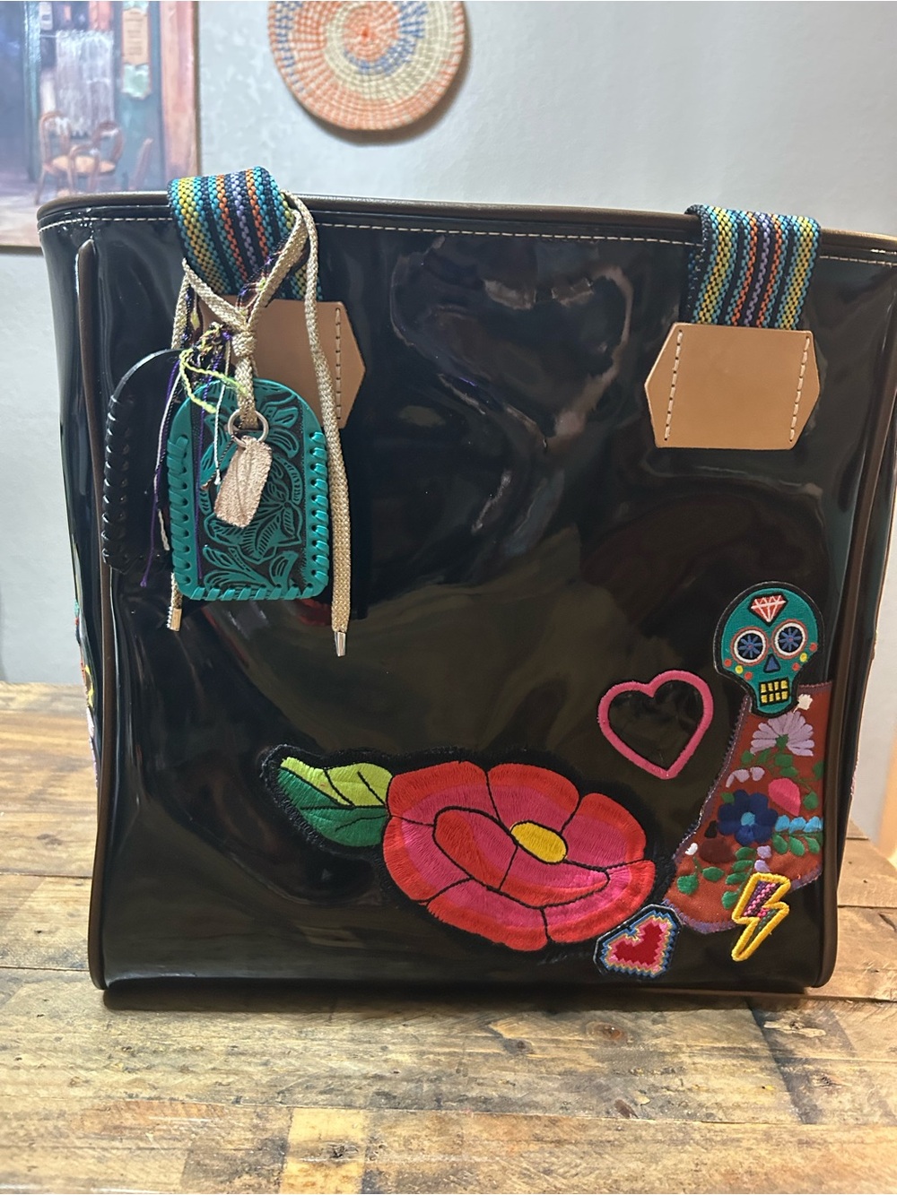 Consuela Black Patent Leather Tote Bag
Sugar Skull Floral Embroidered Patches